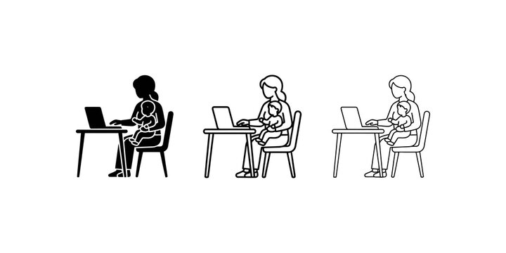 Working mother vector icons set with parent holding baby at desk.