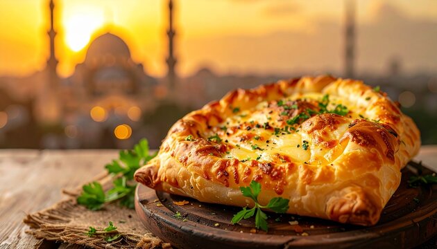 Arabic cheese manakish with melted cheese and herbs, Middle Eastern breakfast