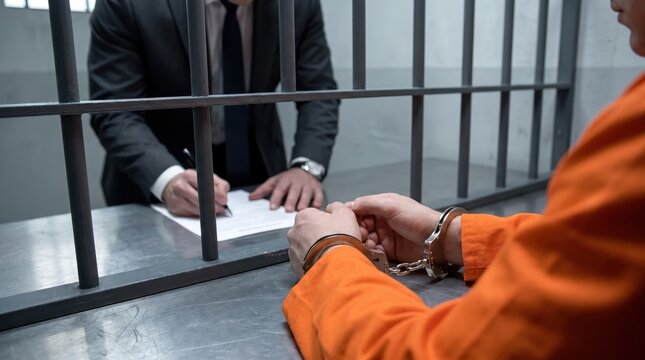 A handcuffed prisoner in an orange jumpsuit meeting with his lawyer behind jail bars.