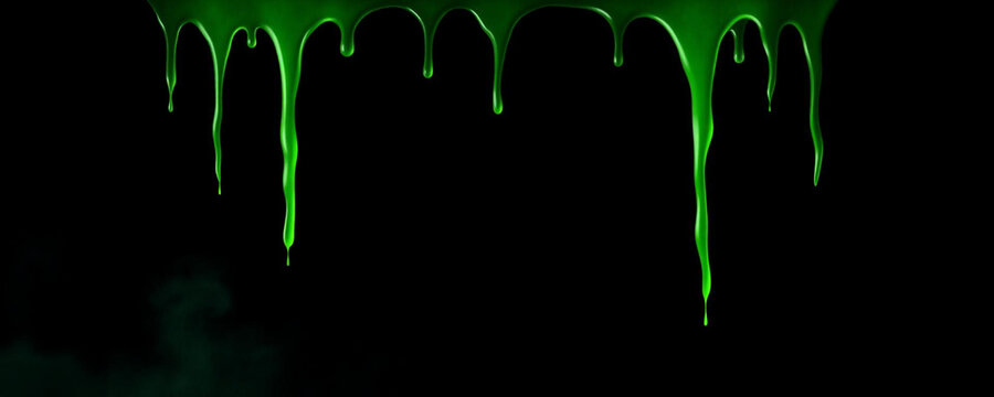 Green slime dripping on black background, toxic liquid ooze, glowing radioactive substance, spooky halloween border, viscous fluid texture