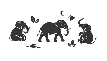 Fototapeta premium Beautiful black silhouettes of three elephants in various poses under a whimsical sun, crescent moon, and floating leaves.
