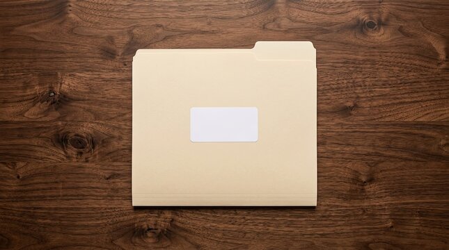 Top view of a blank manila file folder placed on a dark rustic wooden office desk surface background