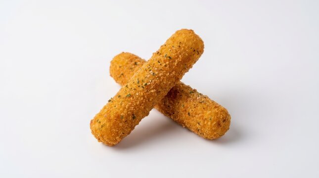 Two crispy breaded mozzarella cheese sticks isolated on white background