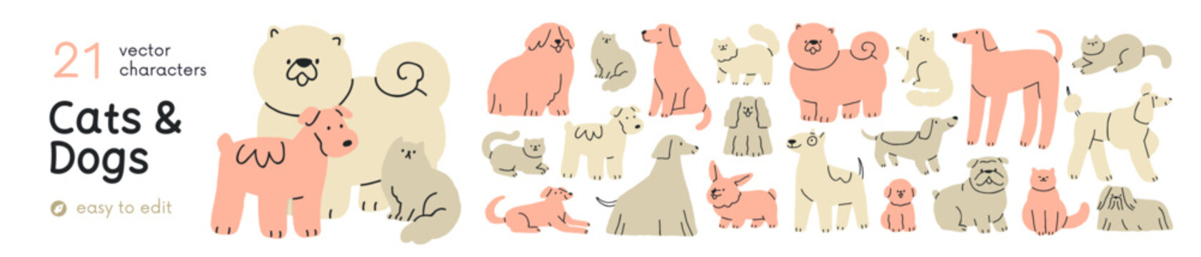 Cute abstract cats and dogs set in doodle style. Funny friendly pets characters, feline and canine breeds. Furry big and small puppies, kitties. Flat vector illustrations isolated on white background