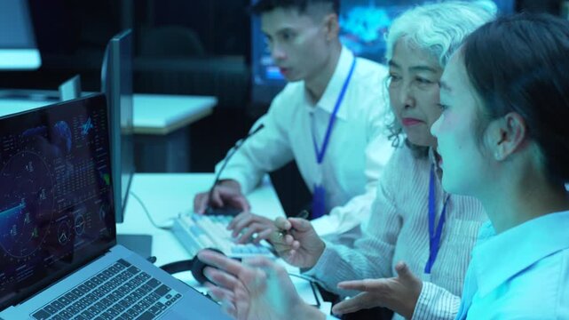 air traffic controller monitors flight radar screens in a modern dark command center, aviation technology, flight safety, surveillance and precision.
