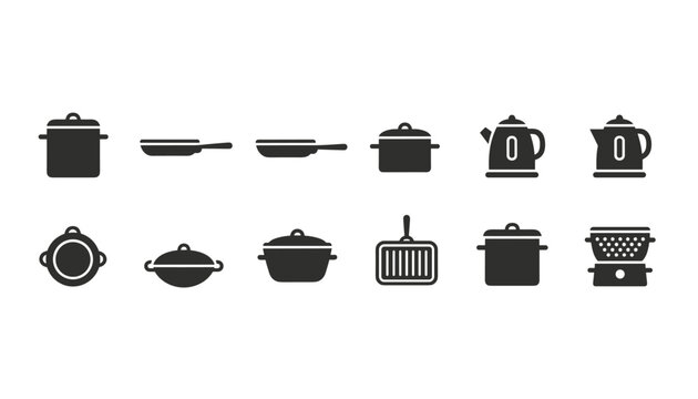 Flat black silhouette icons of various kitchenware items including cooking pots, frying pans, saucepans, and teapots.