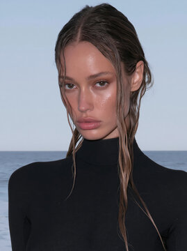 Young woman with wet hair in black turtleneck standing by calm ocean water, showing serious expression