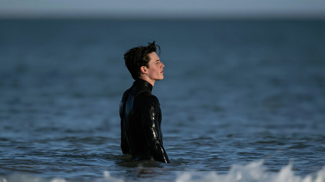 Young male surfer wearing black wetsuit standing in ocean water, calm profile view with wet hair and reflective mood