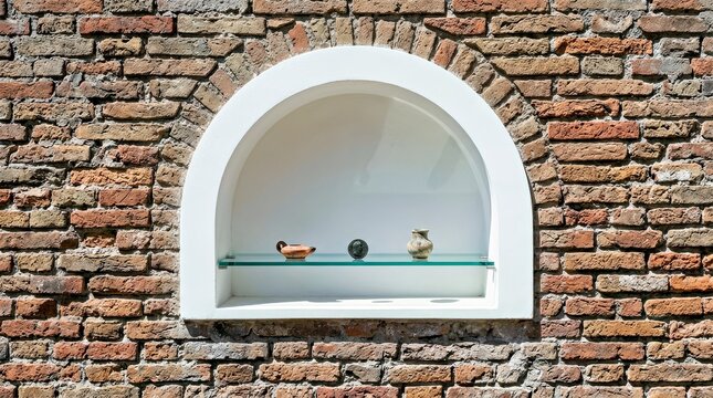 Brick Wall With Display Shelf Holding Three Small Objects