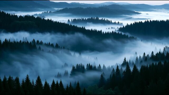 Fog moves slowly through trees in a forest valley. This moment captures nature waking up in the morning light.