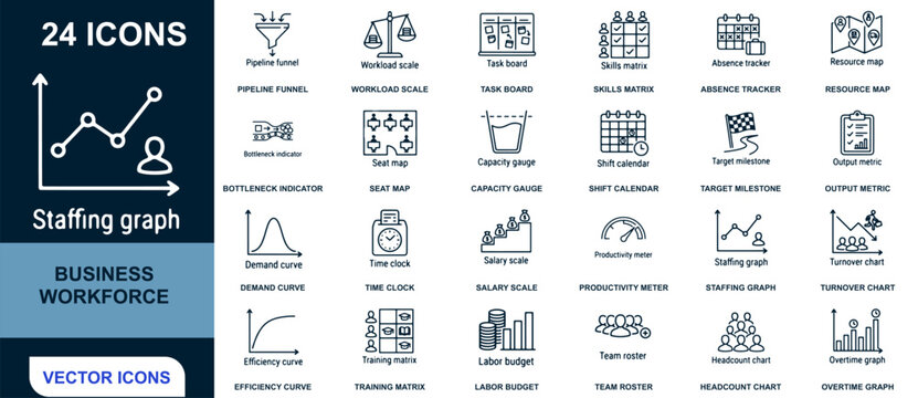 Business workforce staffing and analytics vector icon set