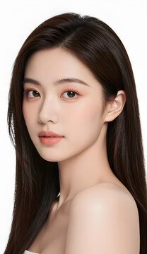Close-up beauty portrait of a natural Asian woman with double eyelids and delicate doll-face features, long silky hair swept behind both shoulders, warm nude-peach makeup, soft gentle gaze