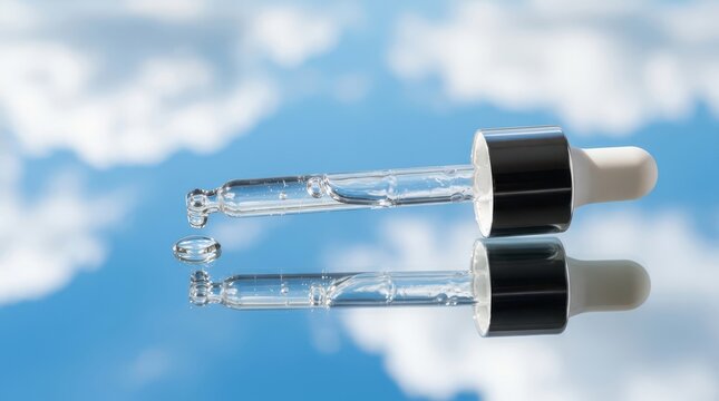 Glass dropper with serum drop reflecting against a bright blue sky with white clouds