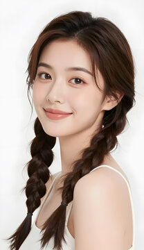 Natural Asian woman with double eyelids, soft doll-like facial features, loose side braid with wispy strands, warm rosy nude makeup, natural gentle smile, three-quarter angle, clean luminous skin
