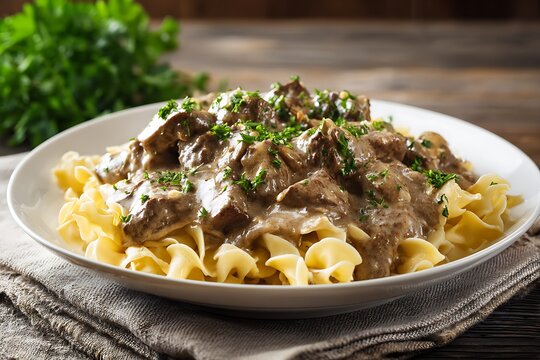Delicious beef stroganoff served on egg noodles with a creamy sauce and fresh parsley garnish.