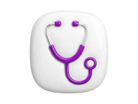 A 3d render of a purple medical stethoscope icon on a white rounded square