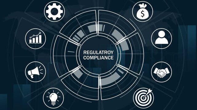 Regulatory compliance digital interface featuring animated infographic for corporate governance, legal standards, risk management, and business policy strategy in a modern environment