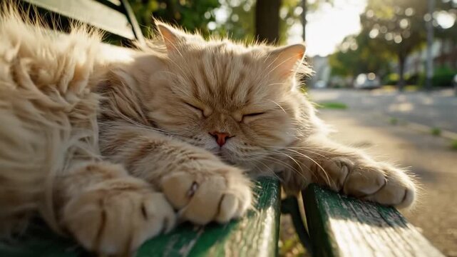 Adorable long haired ginger cat sleeping peacefully on a weathered green park bench, basking in the warm golden hour sunlight on a tranquil suburban sidewalk with trees in the background