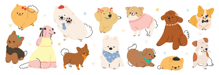 Fototapeta premium Cute dog sticker vector. Lovely dog doodle pattern in different poses and breeds. Adorable funny pet and many characters hand drawn collection for T-shirt, sticker, print, pet shop.