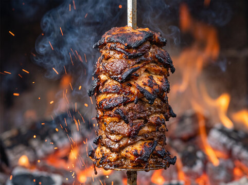 Vertical spit of seasoned chicken shawarma kebab roasting over glowing open fire flames
