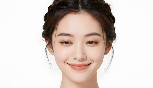 Natural Asian woman with double eyelids and delicate doll-like face, half-up hairstyle with subtle braids, warm coral and nude makeup, eyes softly narrowed with a natural smile, luminous skin