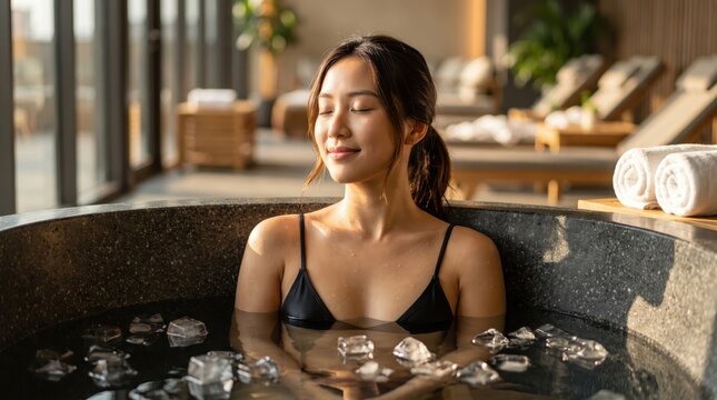 Young Asian woman relaxing in a cold ice bath tub for wellness and muscle recovery at a luxury spa.