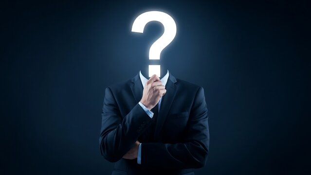 Businessman wearing suit with question mark instead of head standing against dark blue background for corporate strategy planning or professional decision making concepts.