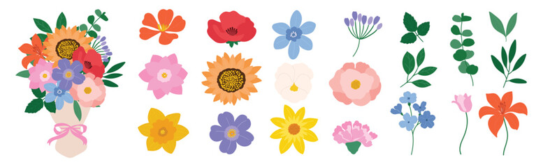 Naklejka premium Flower vector set. Colorful floral design elements, Hand drawn spring flowers, green leaves, botanical branches and blooming bouquet collection for cards, invitations and decoration