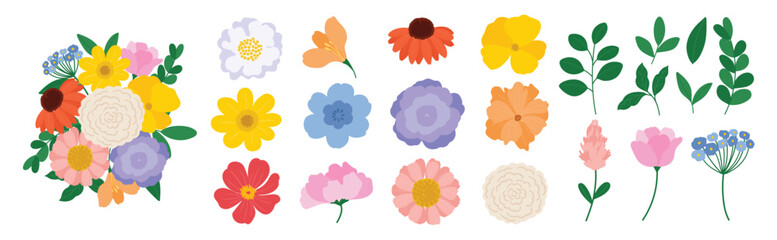 Naklejka premium Flower vector set. Colorful floral design elements, Hand drawn spring flowers, green leaves, botanical branches and blooming bouquet collection for cards, invitations and decoration