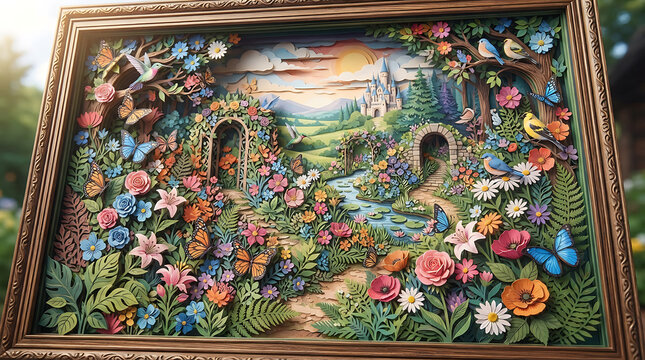 Framed papercraft shadowbox artwork of a magical enchanted garden with flowers