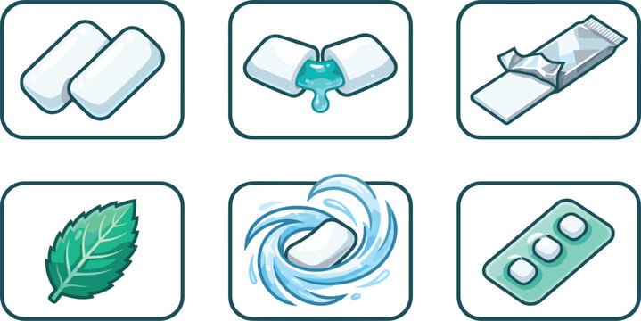 Chewing gum and mint leaf icon set with fresh peppermint pads liquid burst center bubblegum wrapper blister pack vector illustration isolated on white background