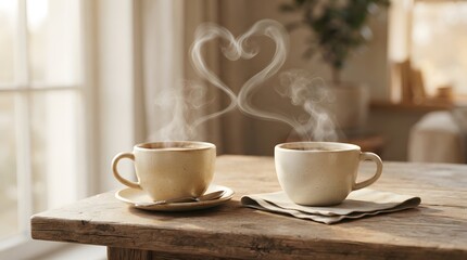 Fototapeta premium Two ceramic coffee cups with heart shaped steam on a rustic wooden table