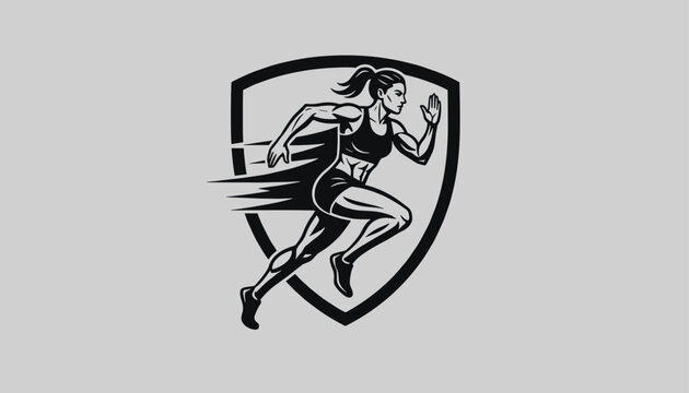 Female runner athlete sprinting inside security shield frame with speed motion lines for fitness logo design.