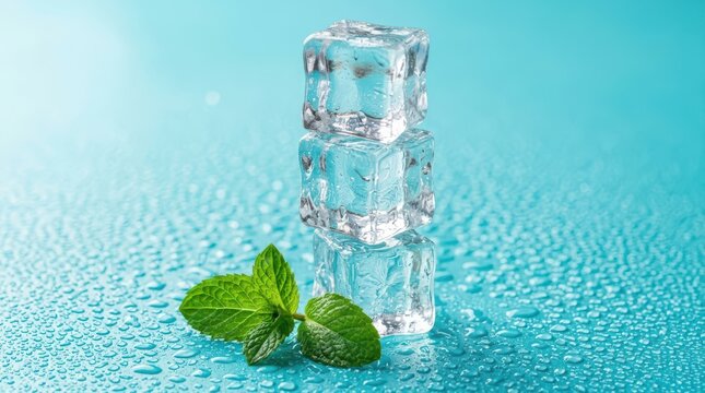 Stack of clear ice cubes and fresh mint leaves on blue background
