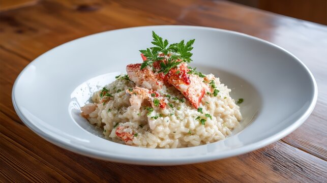 Creamy lobster risotto served in a white bowl on a rustic wooden table