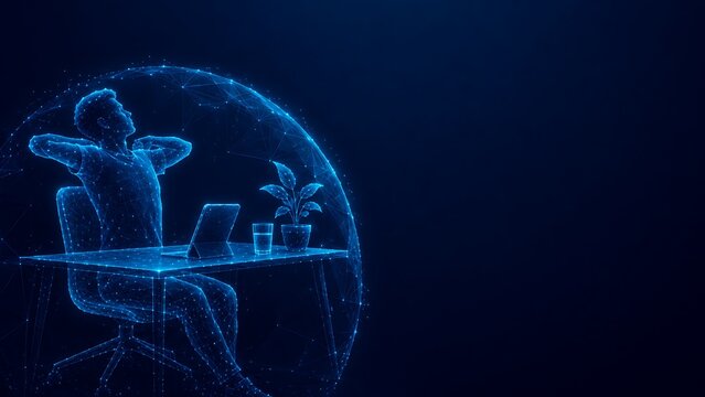 Abstract digital wireframe office worker relaxing at desk with laptop. healthy lifestyle wireframe futuristic hologram technology particle abstract employee. healthy lifestyle