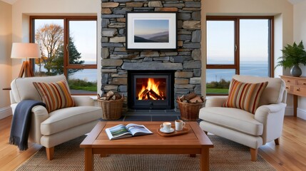 Naklejka premium Cozy living room with burning fireplace and ocean view