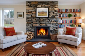 Naklejka premium Cozy living room with stone fireplace and burning log fire