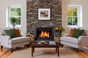 Naklejka premium Cozy living room with burning stone fireplace and armchairs