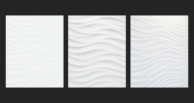 Acoustic wave panel background set, set of 3 white 3D wall relief variations side by side with soft light and copy space for web hero, banner and presentation design
