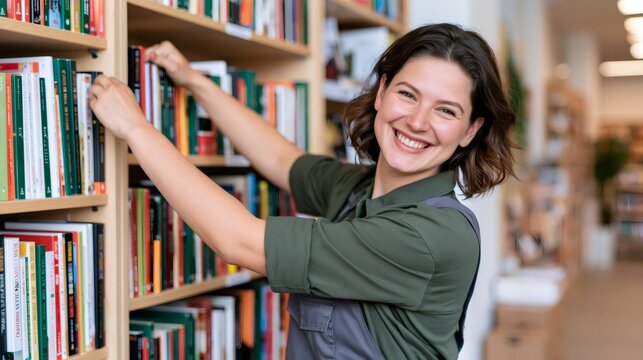 Woman librarian smiling putting books on bookshelf