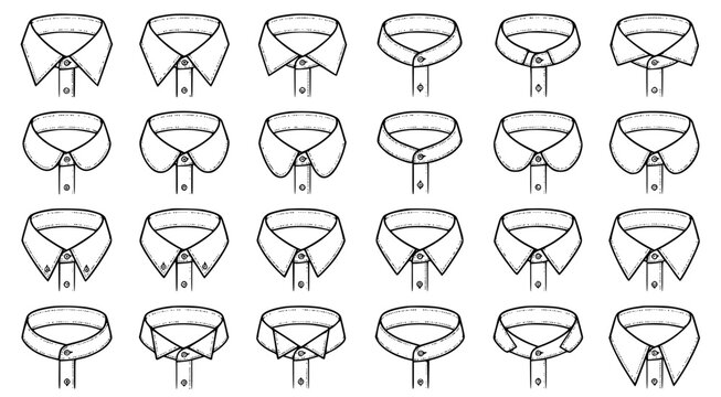 Technical set of twenty-four shirt collar styles and necklines for fashion design and apparel manufacturing blueprints showcasing varied collar constructions on a clean white background for tailors