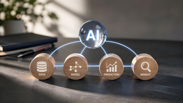 Artificial intelligence workflow concept with four wooden circular blocks and a glowing AI glass sphere representing data, model, prediction, and insight.