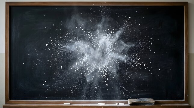 White chalk dust explosion on a dark blank school blackboard background