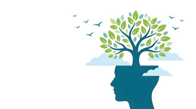 Human head silhouette with growing tree and birds representing mental health and growth