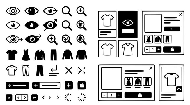 Comprehensive user interface icon set for online fashion retail featuring eye symbols for product viewing and shopping cart checkout buttons with navigation arrows in clean black and white vector