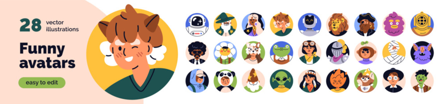 Funny avatars of creative characters, user profiles set. Head portraits of whimsical people, animals, alien, disguised faces in masks, costumes. Flat vector illustration isolated on white background