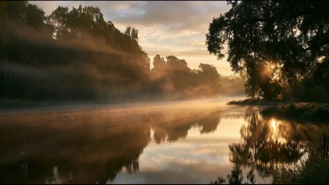 God rays shine over the river at sunrise. The trees outline the riverbanks while fog drifts above the waters surface.