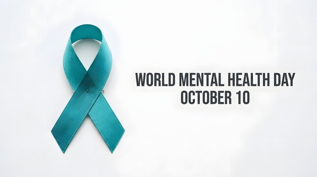Teal awareness ribbon for World Mental Health Day on October 10th isolated on white background