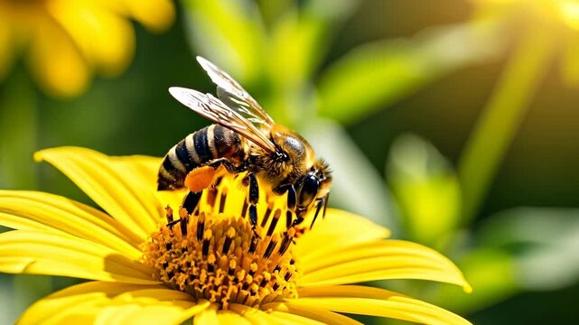 Honey bee collecting pollen on a vibrant yellow flower in bright sunlight.